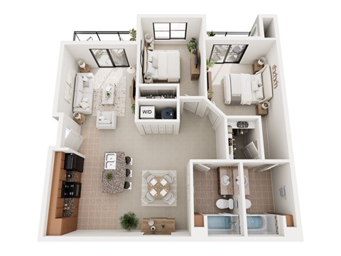 A top down view of a small apartment with a kitchen, living room, and bathroom.